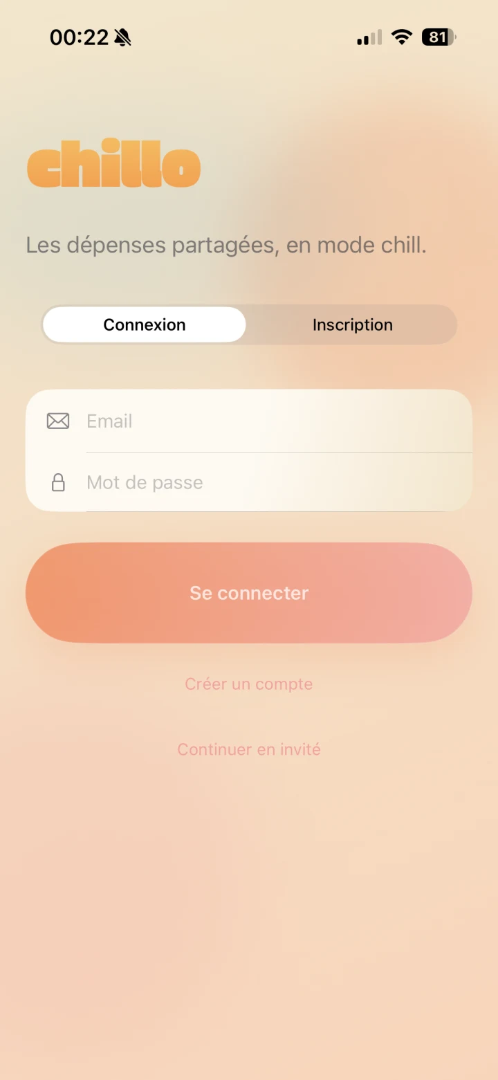 Écran de connexion et d'inscription Chillo