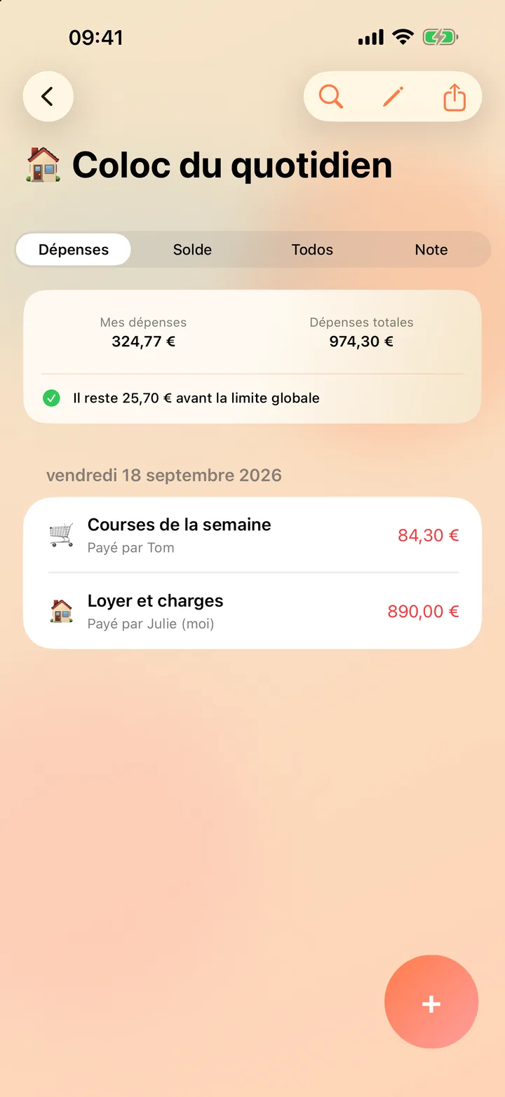 Écran Chillo des dépenses d'un groupe, avec une dépense récurrente et une alerte de budget