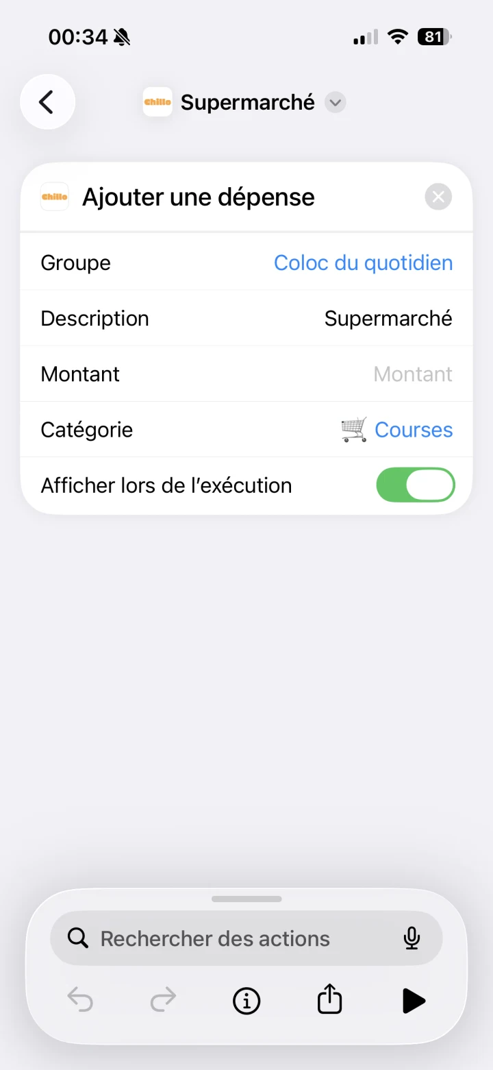 Raccourci Chillo pour ajouter une dépense rapidement